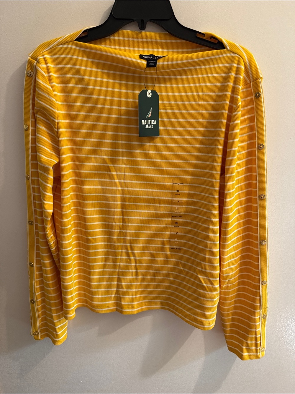 Nautica Yellow & White Striped Long Sleeve Button-Trim Top